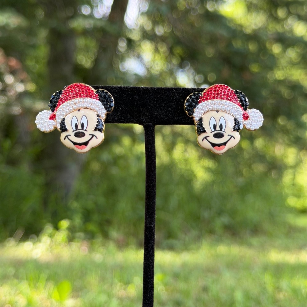 Disney BaubleBar Mickey Mouse Santa Earrings Red Gold Holiday Studs